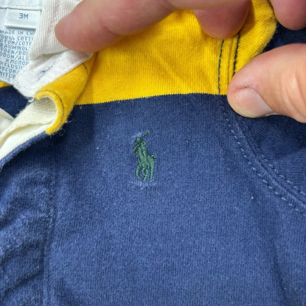 Ralph Lauren Baby Rugby‎ Romper Shortall 3M Yellow Navy Blue Short Sleeve Polo